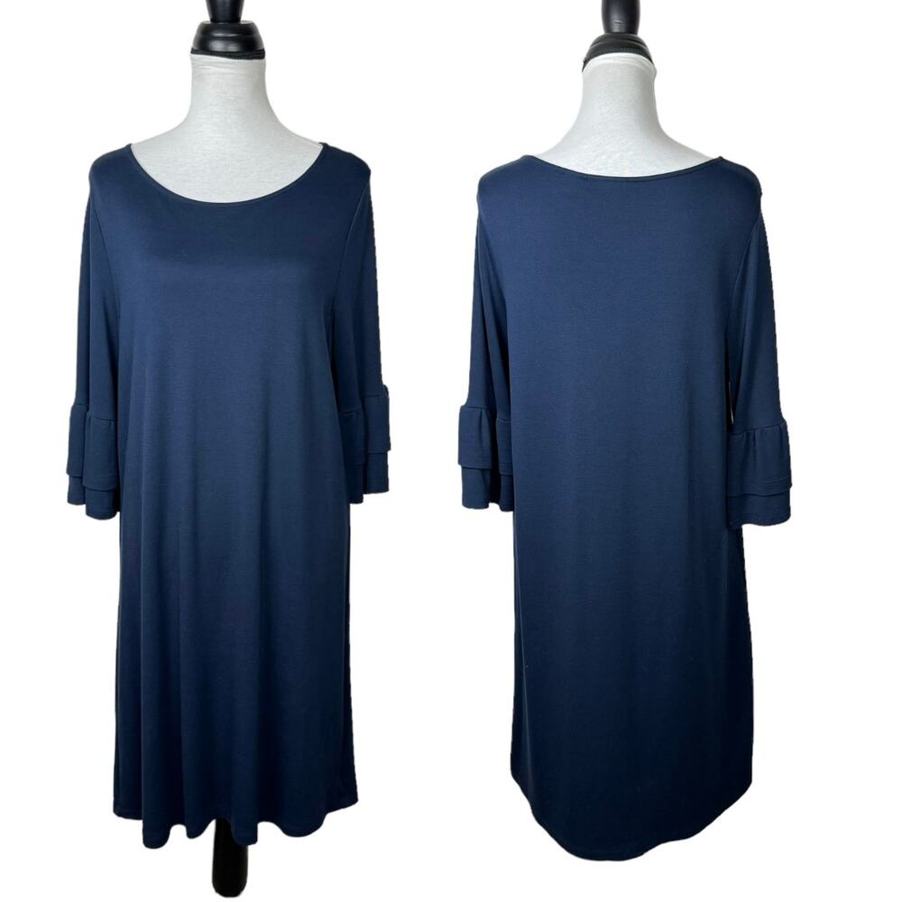 Halogen | Solid Navy Blue Jersey Ponte Knit Double Ruffle 3/4 Sleeve Shift Dress